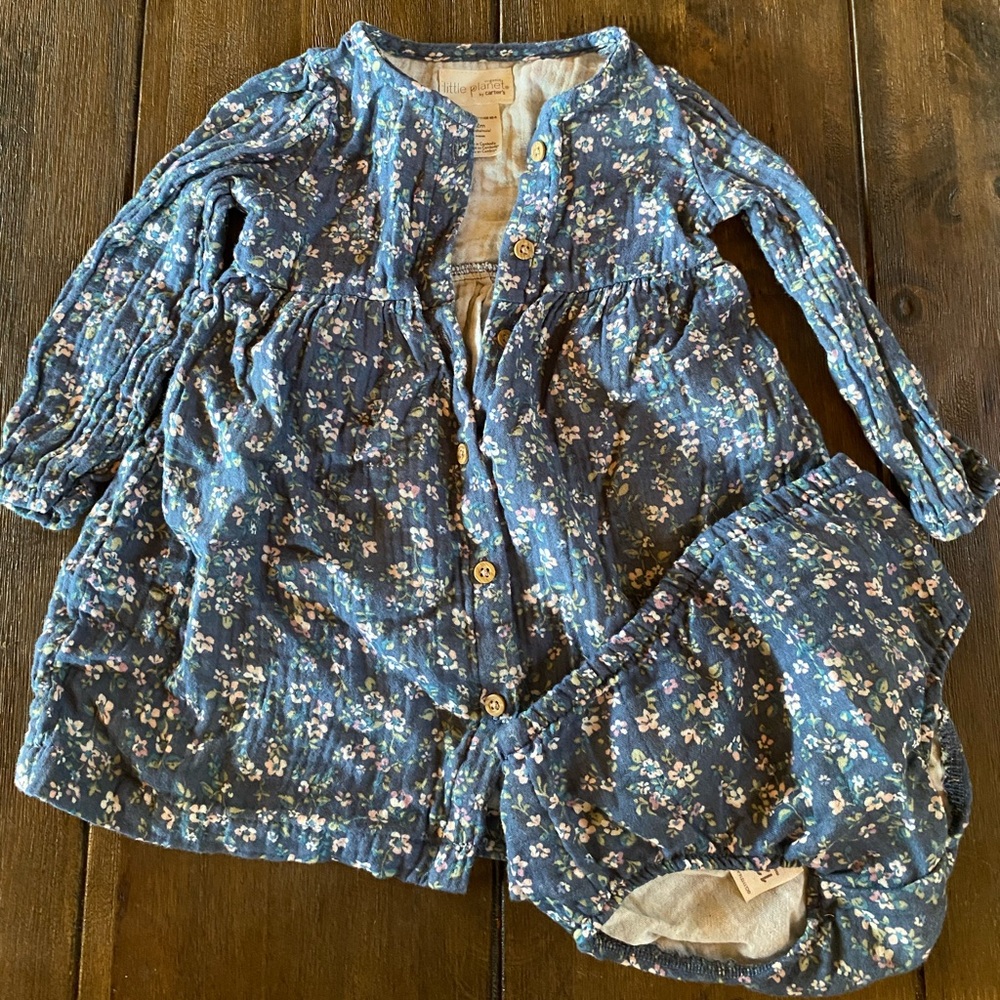Organic cotton blue floral dress and bloomers